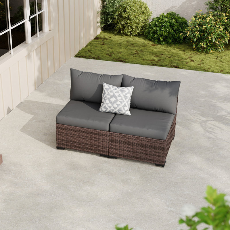 Chaises de patio d'extérieur sans accoudoirs en osier avec coussins 2 places, Gris