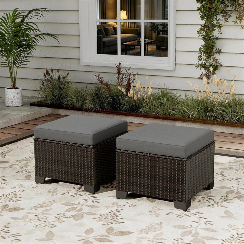 21.5"W Outdoor Wicker Ottomans With Cushions, Set Of 2 Patio Footrests With Adjustable Feet, Gray