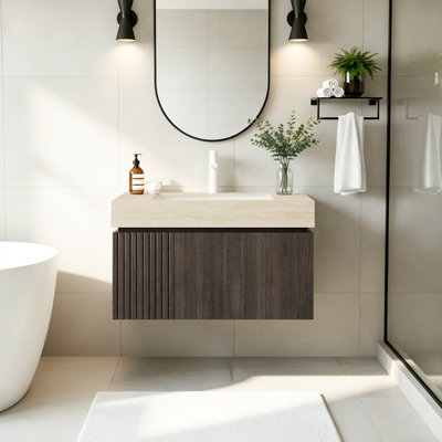 Ensemble de meuble-lavabo mural moderne 30 po, meuble-lavabo flottant avec plateau en céramique, plateau en pierre frittée