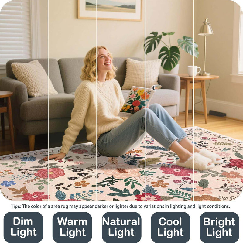 2x3 Ft  Area Rugs For Entryway, Non-Slip Low Pile Boho Small Carpet, Machine Washable Floral Throw Rug For Entrance, Bedroom, Kitchen, Laundry, Bathroom (2x3 Ft  Beige Red)