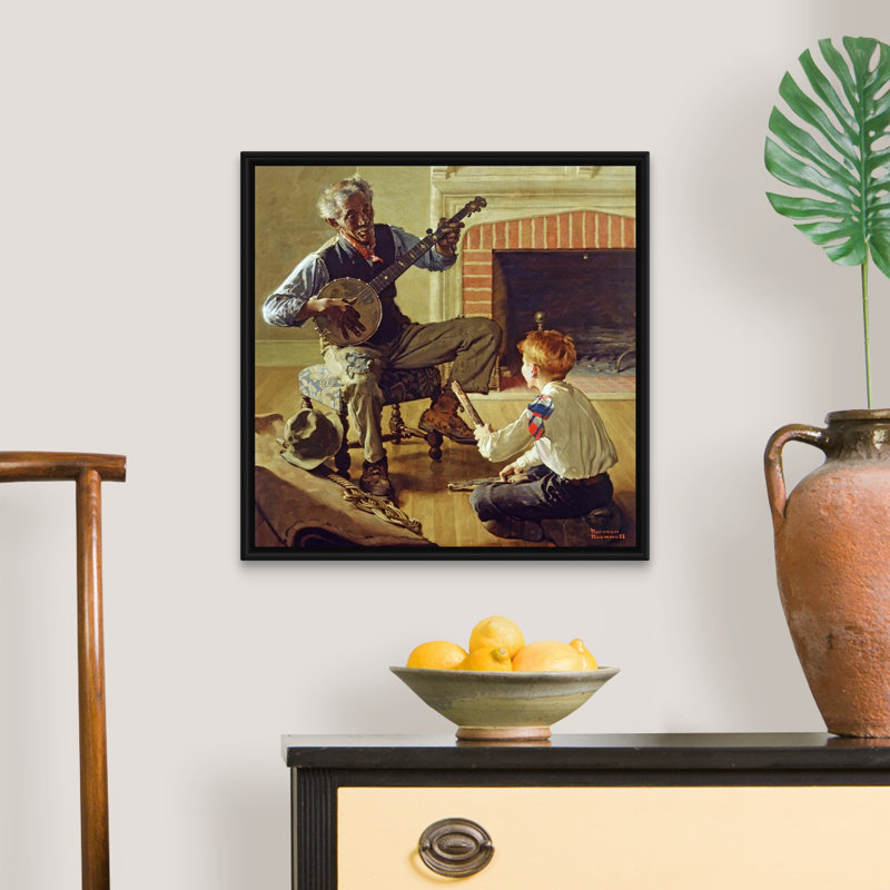 Norman Rockwell, le joueur de banjo, art mural sur toile, H 22 po x l 22 po x P 1,75 po, Cadre flottant noir