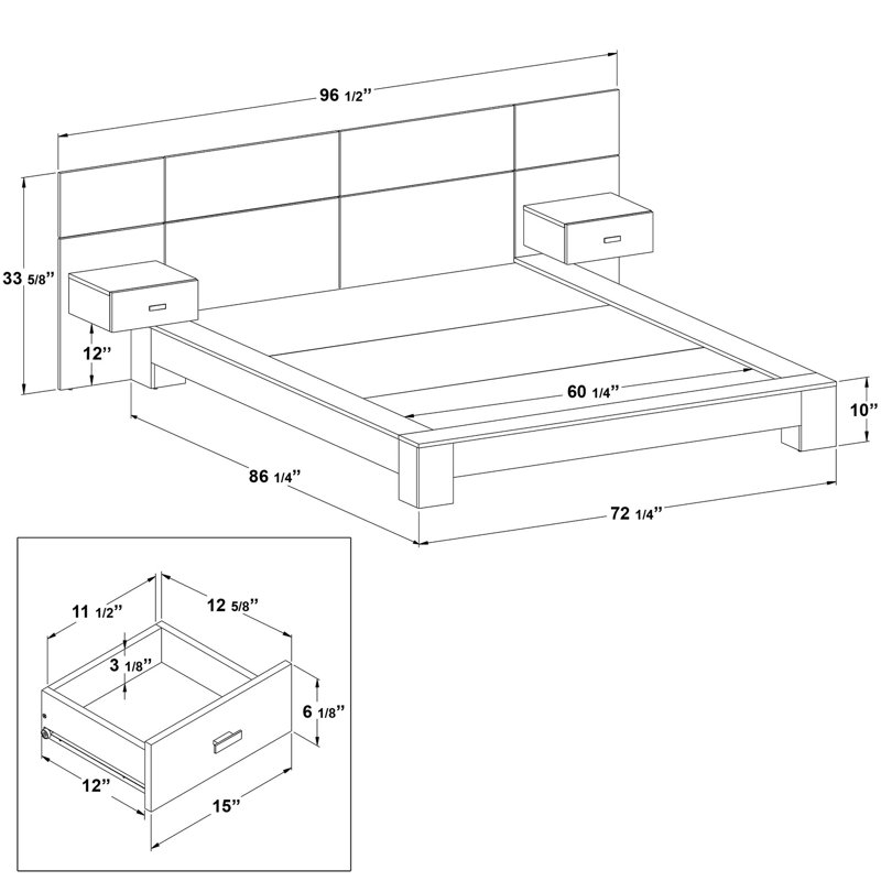 Collection Zen - Lit plateforme avec tête de lit et tables de chevet (2) - Assemblage facile, aucun sommier requis, Brun