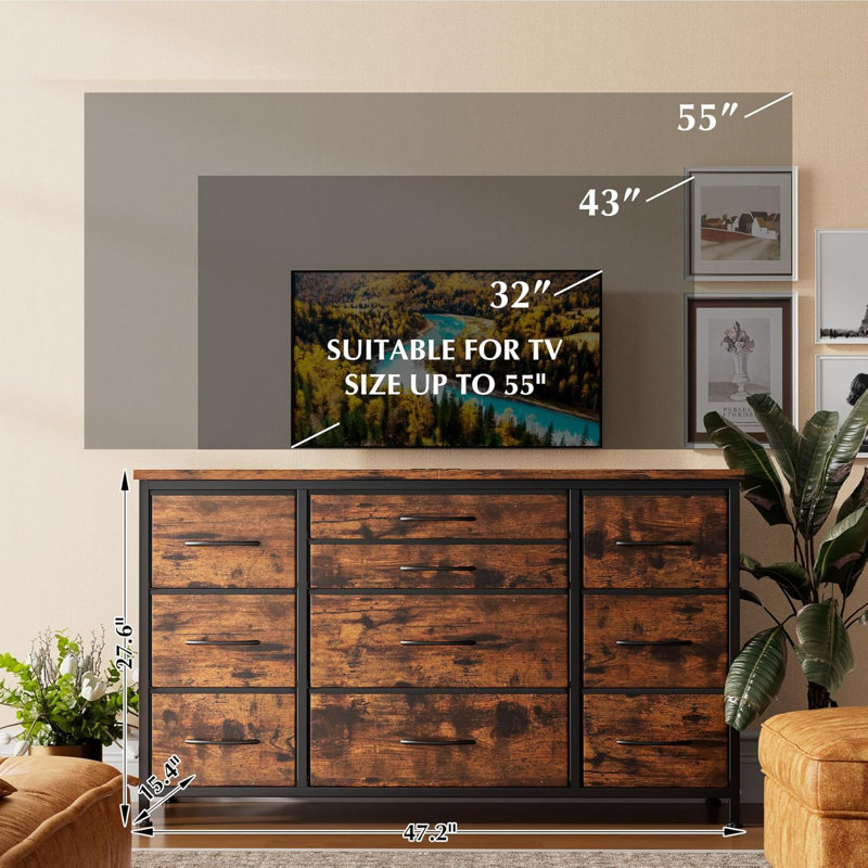 Grande commode moderne à 10 tiroirs pour meuble télé de 55 po de long avec cadre en métal avec prises de courant et armoire de rangement en tissu pour le couloir d'entrée de la chambre à coucher