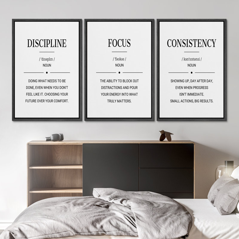 «Discipline Focus Consistency Motivation», citation minimale, impression sur toile, 3 pièces, White, Black, 24" H x 16" W