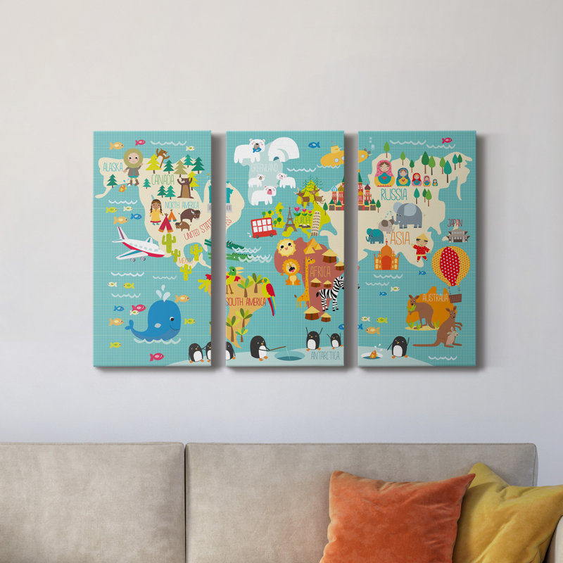 Carte du monde des enfants - 3 pièces, impression sur toile tendue, H 36 po x l 72 po x P 1 po