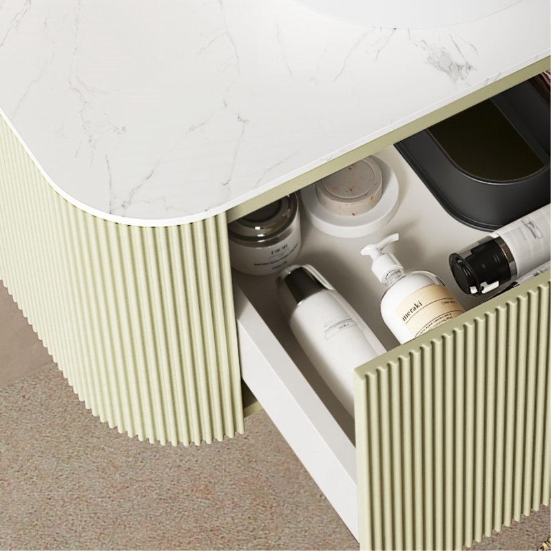 Meuble-lavabo de salle de bain 36 po avec lavabo, meuble-lavabo mural moderne à bords arrondis et courbes avec tiroir, lavabo rond en céramique blanc sans robinet, pré-assemblé, couleur vert clair