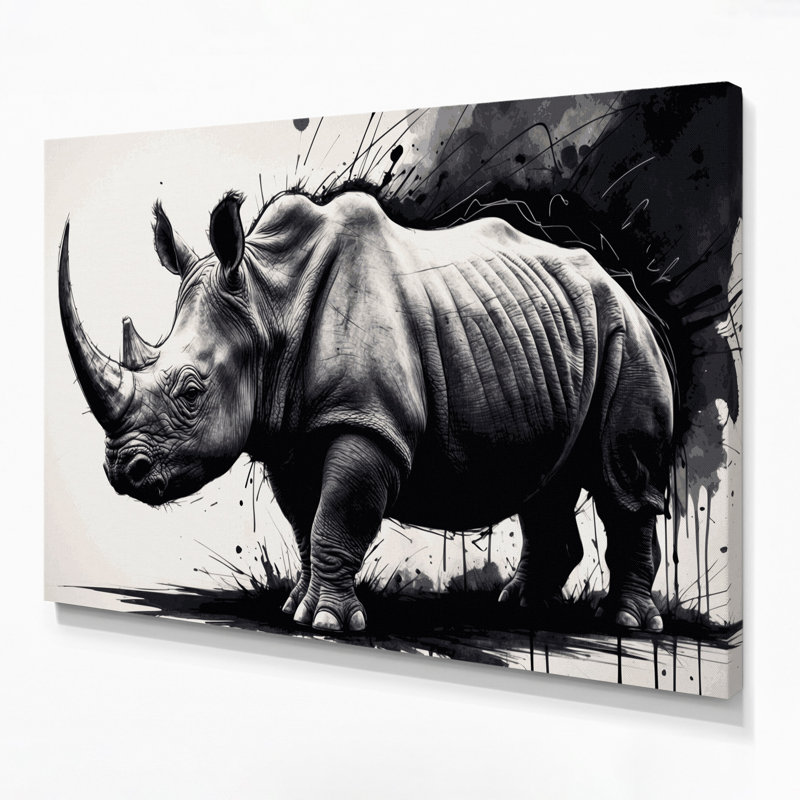 Faune, rhinocéros noir, art mural sur toile beige, H 20 po x l 24 po