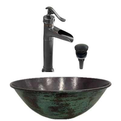 14 Round Copper Vessel Bath Sink With Green Exterior Accessories Included