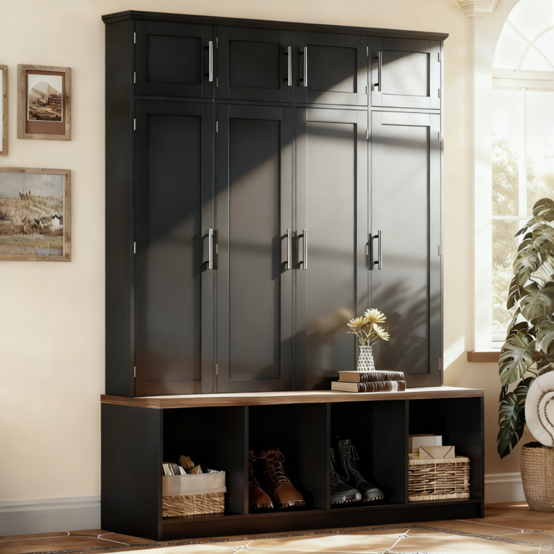 Farmhouse Hall Tree with 8-Door Storage, 4-in-1 Entryway Bench with Hidden Hooks & Shoe Cabinet, Anti-Tipping Safety, Rustic Wood
