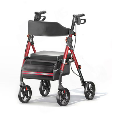 Matinal Foldable Rollator Walkers With Seat For Seniors, 350 Lb Capacity, 8'' Big Wheels, 6-Position Height, Premium Hybrid Rolling Walker - Aluminum And Carbon Steel (RED)