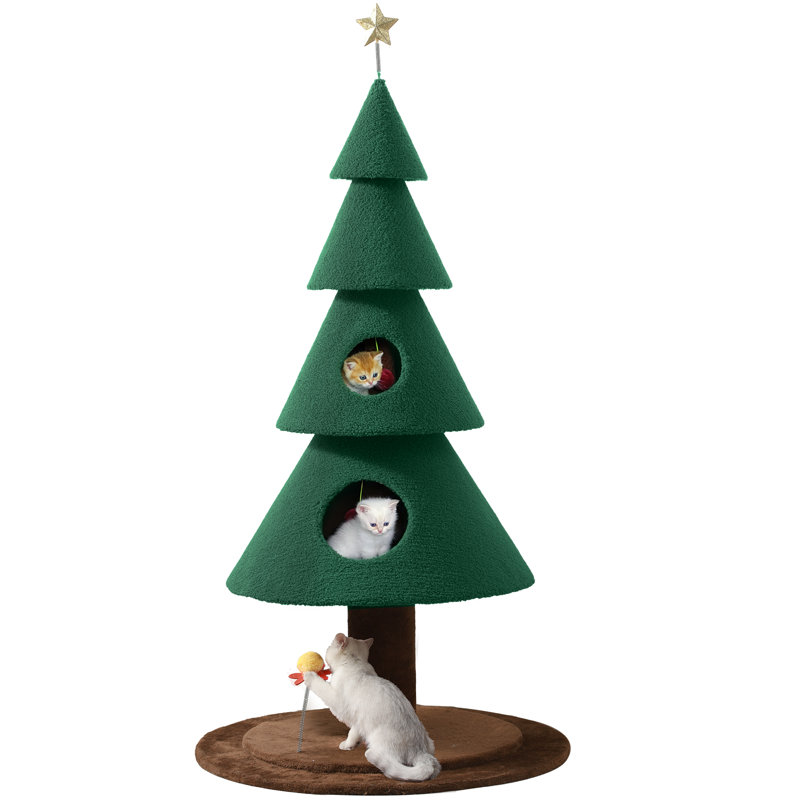 Tour de Noël pour chat avec poteau à griffes, arbre à chat mignon avec boule suspendue en peluche, tour de chat pour chats d'intérieur avec condos à chat