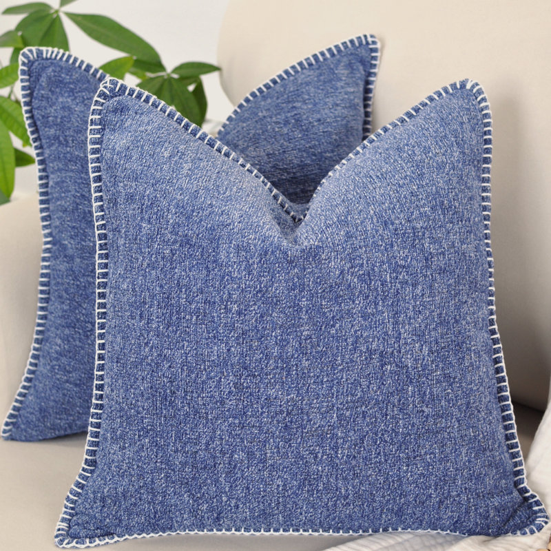 Navy Blue Chenille Square Throw Pillow Covers with Piped Edges, Set of 2