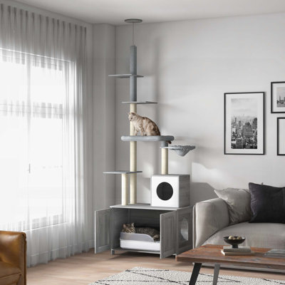 Arbre à chat avec bac à litière, tour de chat multifonctionnelle avec condo, lit, hamac et poteaux à griffes pour l'intérieur