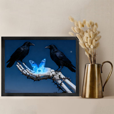 Black Framed Vintage The blue butterfly and black crow in the hand bones Wall Art Dark Romance Style Framed Prints