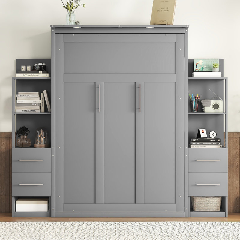 Lit escamotable double pleine grandeur avec tablettes, tiroirs et lumières DEL, gris, Gris