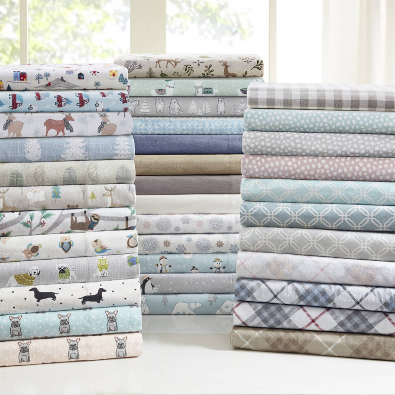 Twin XL White Village Print Cotton Flannel Sheet Set