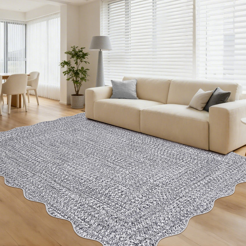 Farmhouse Scalloped Rug Washable Rug with Non Slip TRP Backing, Low Pile Non Shedding Rustic Carpet, Soft Thin Foldable Printed Mat for Living Room Bedroom