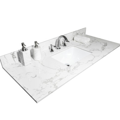 43x22 Bathroom Stone Vanity Top With White Marble Enchantment - Engineered Stone, Ceramic Sink And Backsplash In Style Undermount