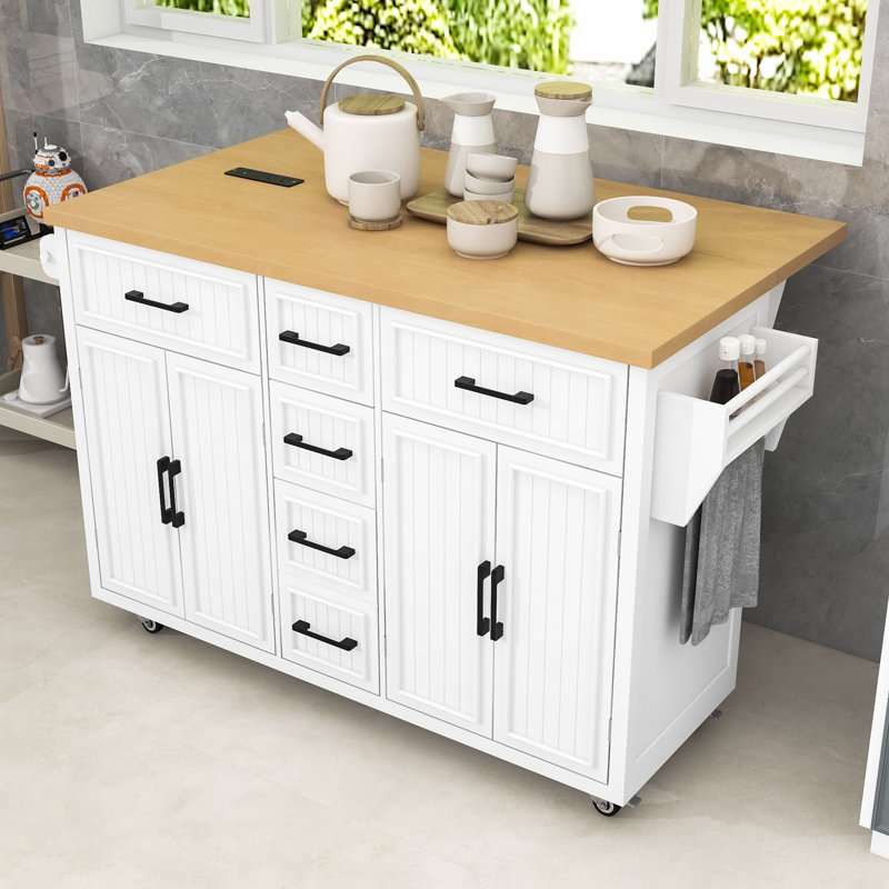 Wooden Kitchen Island with Storage Drawers, Shelves, Charging Station and Drop Leaf, White