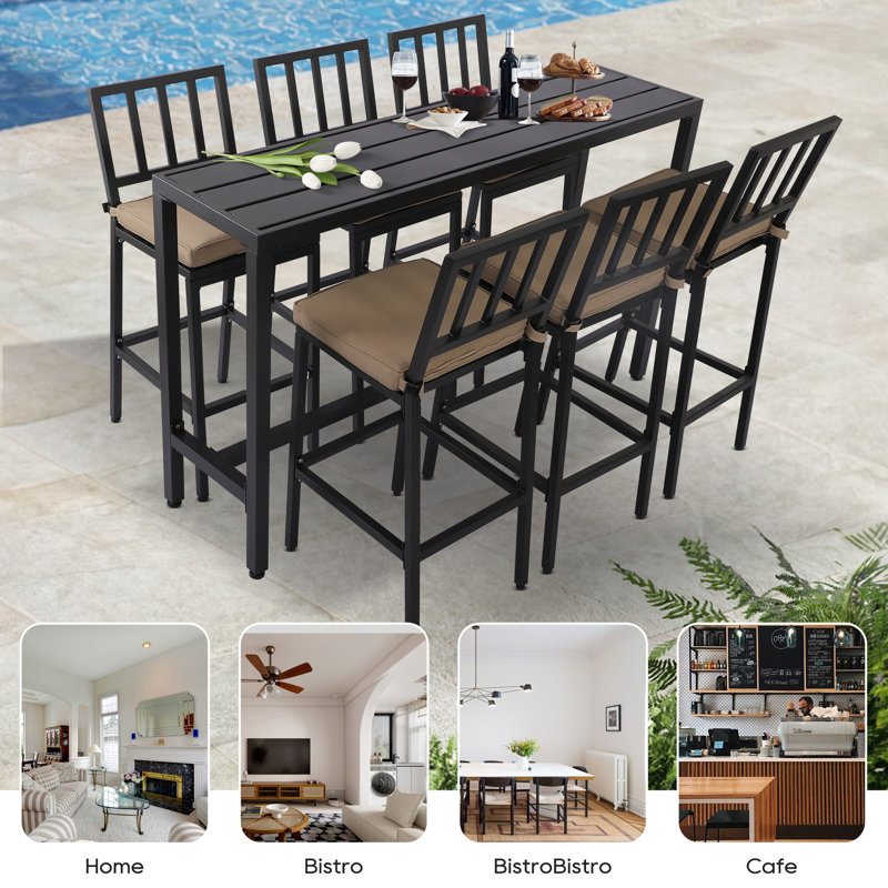 7 - Piece Rectangular Outdoor Dining Set With Cushions,outdoor Patio Bar Set For Backyard, Garden, Black