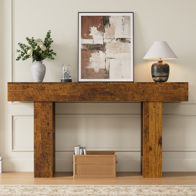 63" Farmhouse Console Table with 2 Drawers, Rustic Entryway Table for Hallway Living Room, Caramel Brown