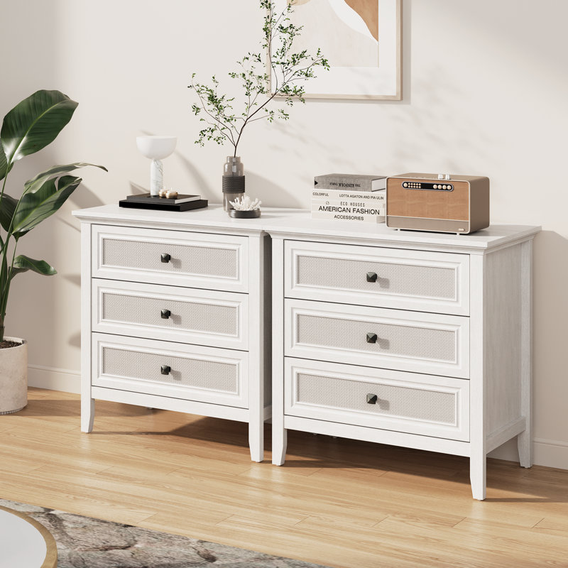 3 - Drawer Dresser Natural Rattan Deco,Set of 2, White