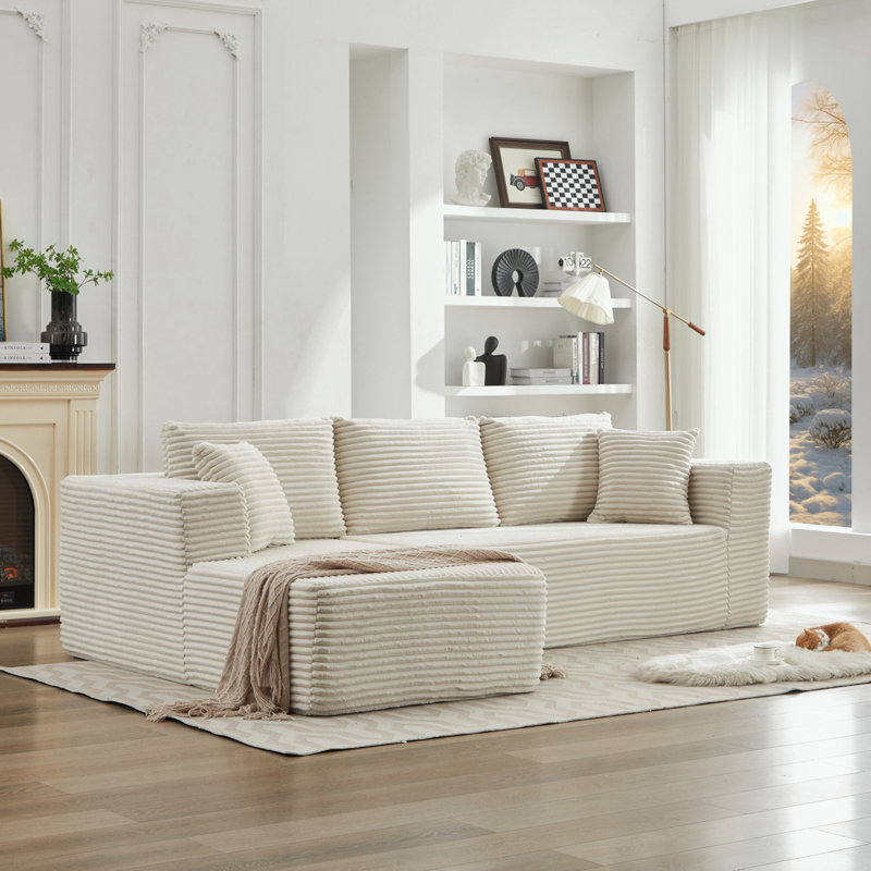 L-Shape Sectional Couch with Left Facing Chaise, Beige Corduroy