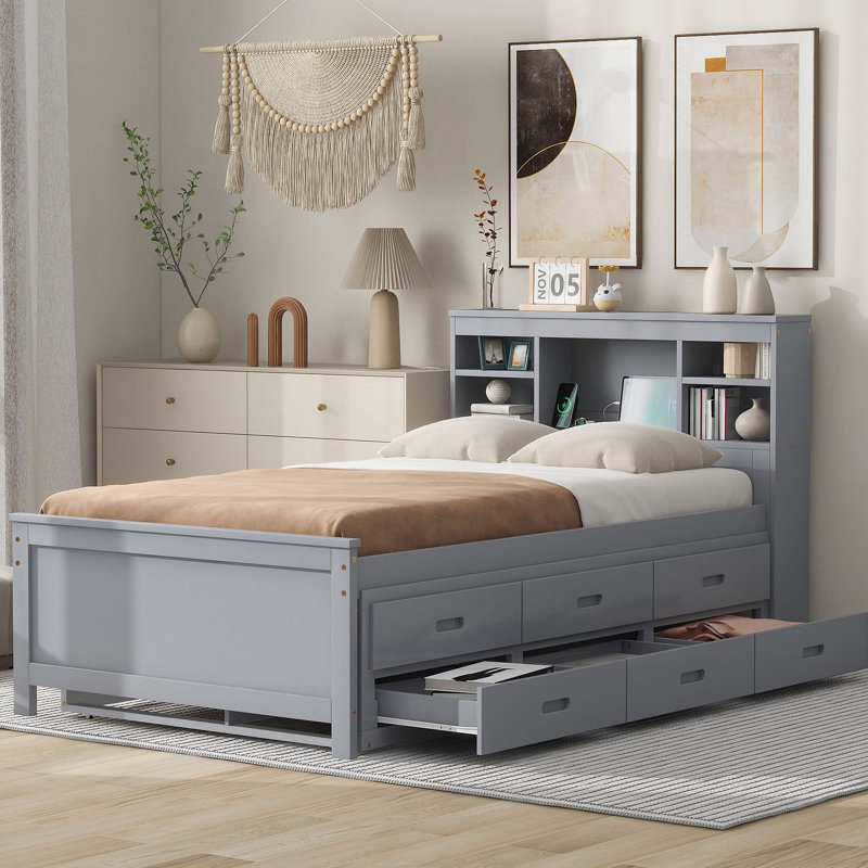 Lit plateforme avec lit gigogne USB et 3 tiroirs, Gris, Lit simple