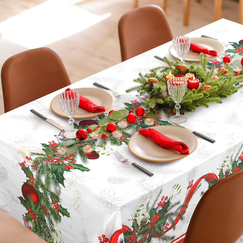 3 Pcs 108x54 inch Christmas Holly Berry and Ribbon Garland disposable plastic tablecloth table cover holiday Xmas dinner kitchen dining table decorations