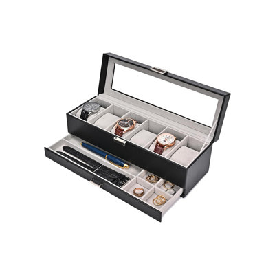 Watch Box 6 Slot Watch Display Case with Drawer 2Layer Jewelry and Watch Storage