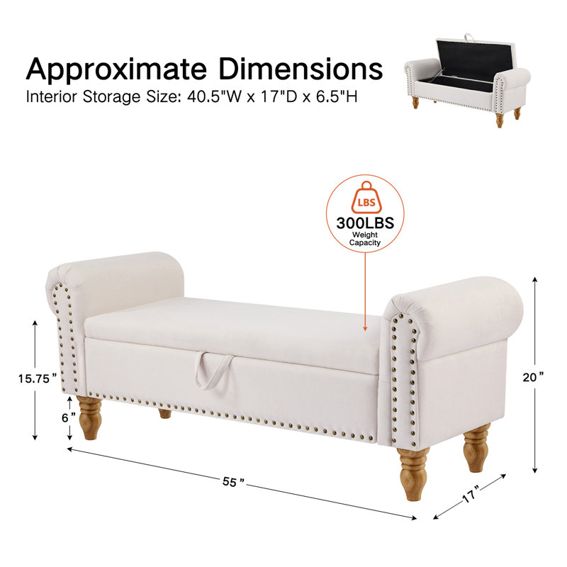 Dawsey Upholstered Storage Bench, Beige, 17.5" H x 60" L x 22" D