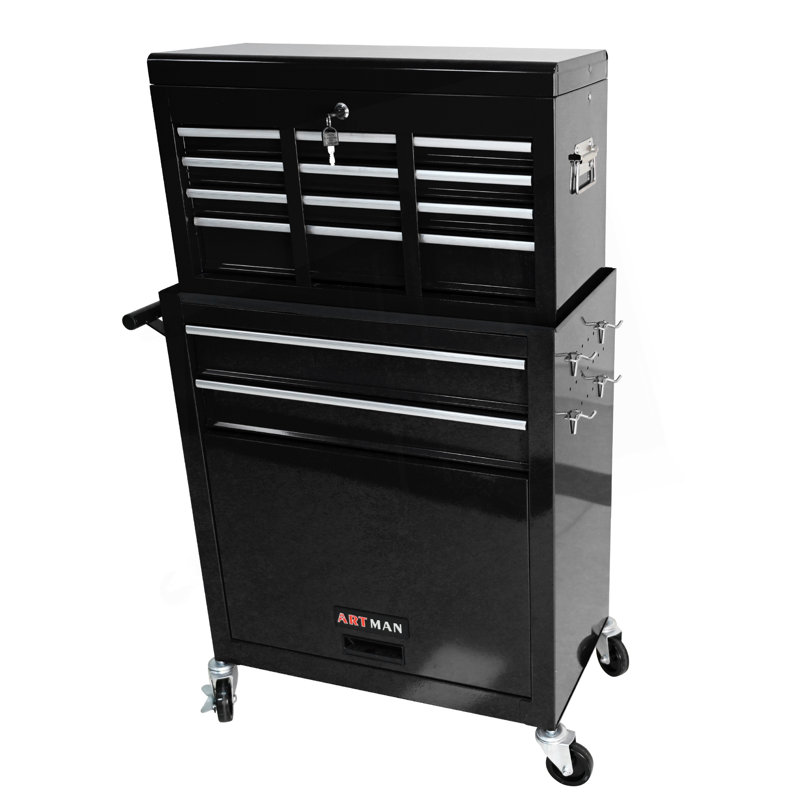 Coffre à outils roulant avec roulettes et tiroirs, armoire de rangement pour outils à 8 tiroirs, Noir
