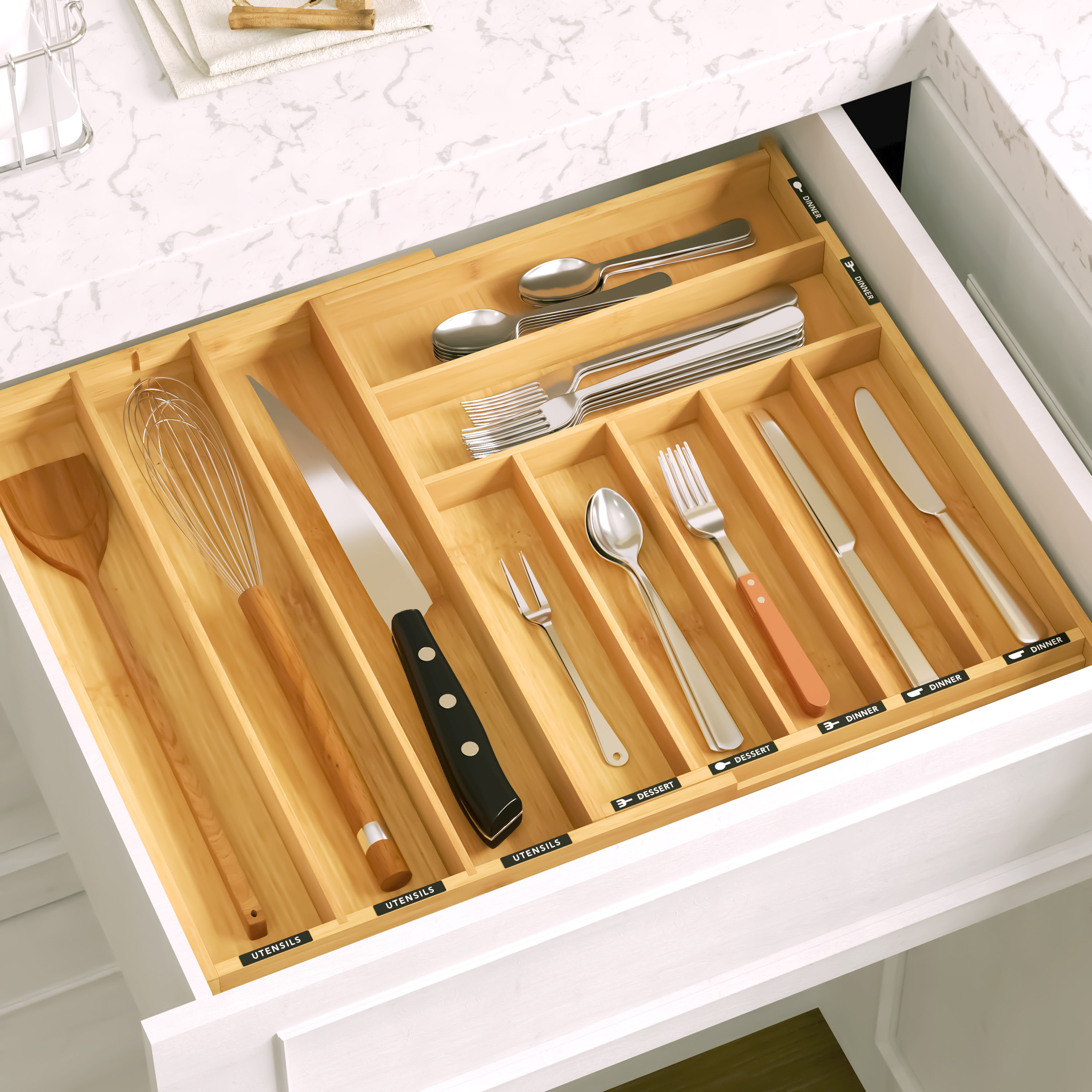 Expandable Bamboo Silverware Drawer Organizer with Labels – Utensil Tray for Flatware and Cutlery