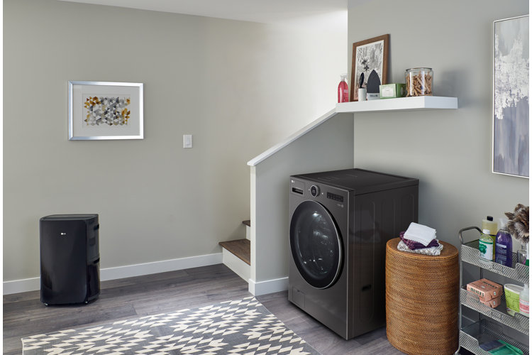 A basement with an organized laundry area and washing machine