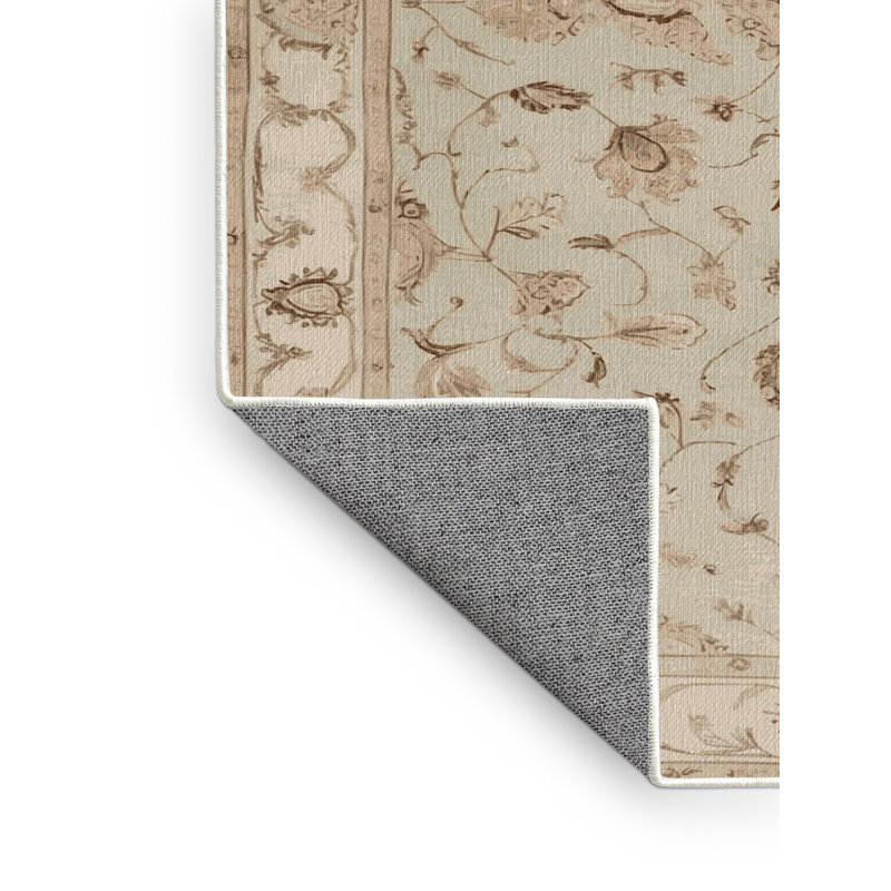 Machine Washable Tabriz Beige Area Rug, Rectangle 4' x 6'