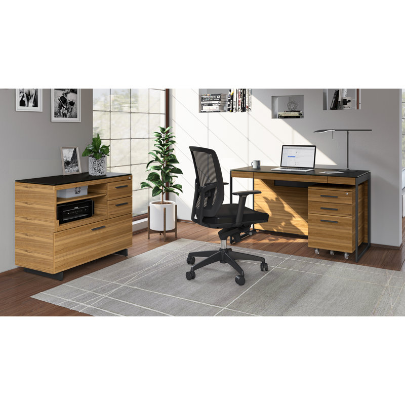 Sequel Desk With Back Panel - Charcoal Stained Ash, Black Metal, Natural Walnut/Black
