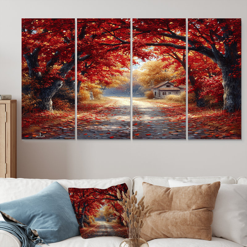 «Red Autumn Road Coming Home - Tree», art mural 4 pièces, H 32 po x l 64 po