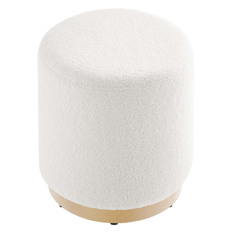 Ivory Sherpa Upholstered Round Ottoman with Rubberwood Base