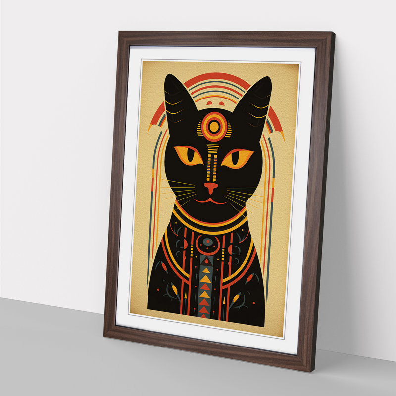 Egyptian Cat Minimalism No.2 - Single Picture Frame Print on Wood, Walnut Framed, 34cm H x 25cm W