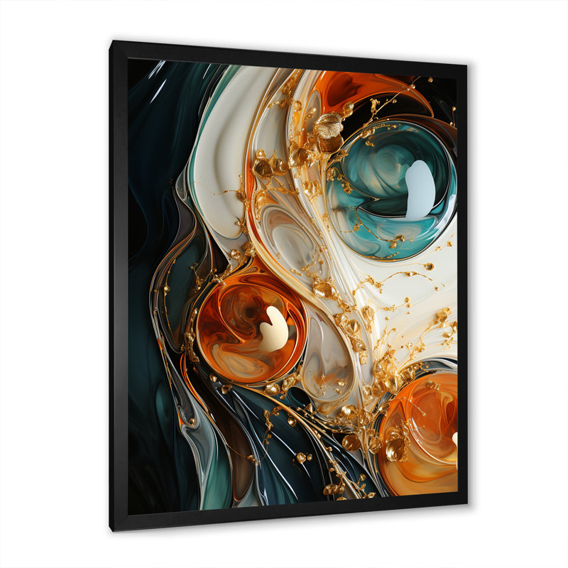 Orange encre tempête VI - art mural abstrait, Cadre simple noir, H 44 po x l 34 po x P 1,5 po