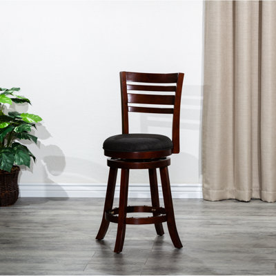 24" Counter Swivel Seat With Slat Back Design, Cherry Finish, Charcoal Fabric - Versatile Seating Option Height Backed Seat, Cherry, Enhance Your Living Space