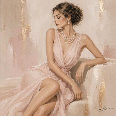 Glam Fashion Portrait Canvas Wall Art, Neutral Pearl Woman Painting, Modern Wrapped Canvas Decor GT15434