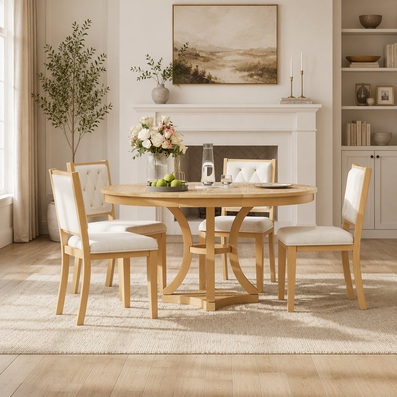 Ensemble de table de salle à manger 5 pièces avec table ronde extensible et 4 chaises rembourrées pour une salle à manger et un espace de vie élégants