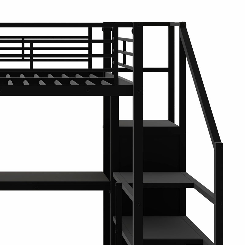Lit mezzanine multifonctionnel en métal avec bureau, escalier de rangement, mini garde-robe et lumières DEL