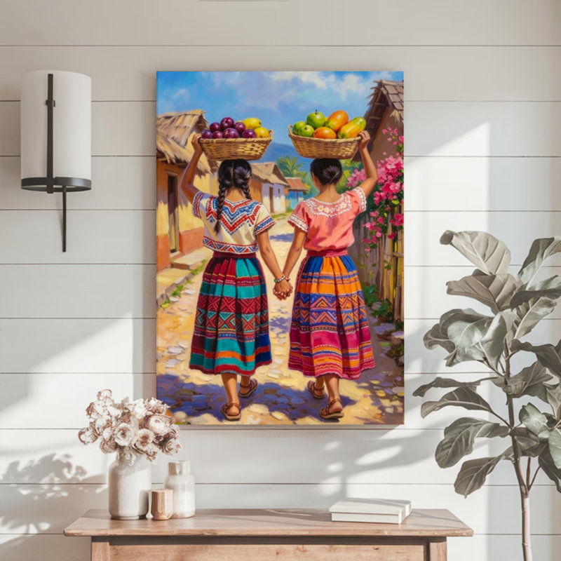 Tableau sur toile « Sœurs de la Moisson », art populaire vibrant, impression sur châssis entoilé 61 x 91 cm, décoration murale orange et or sur le thème de la sororité folklorique pour salle à manger, salon et cuisine