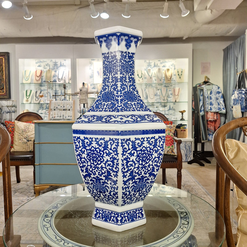 Hex Blue and White Filigree Vase