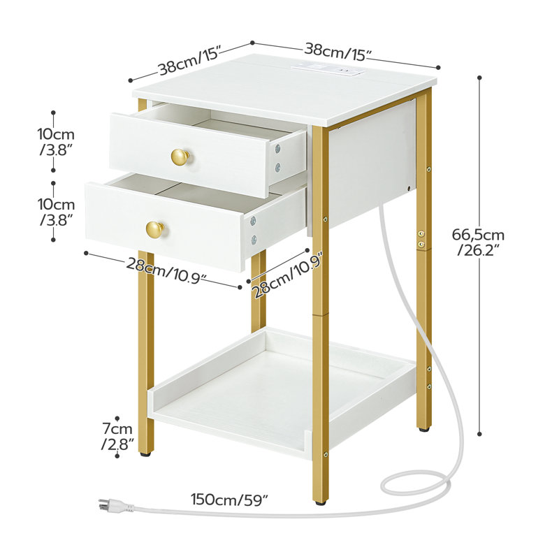 Ballinger Nightstand with Storage and Built-In Outlets, White/Gold