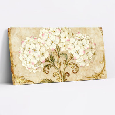Tableau sur toile tendue représentant un hortensia floral avec des accents dorés (1 pièce)