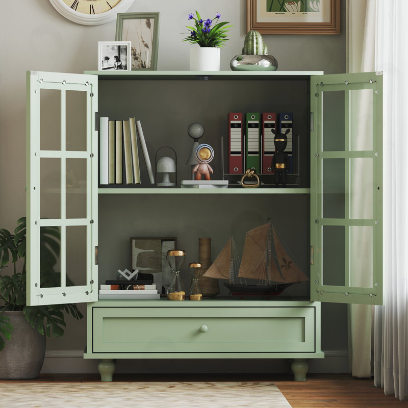 Buffet avec portes en verre doubles et tiroir, Green