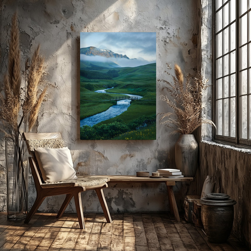 Toile, "Un paysage serein avec une rivière sinueuse qui coule à travers un luxuriant art" Green Hills "avec un pont en bois rustique, art mural sur toile